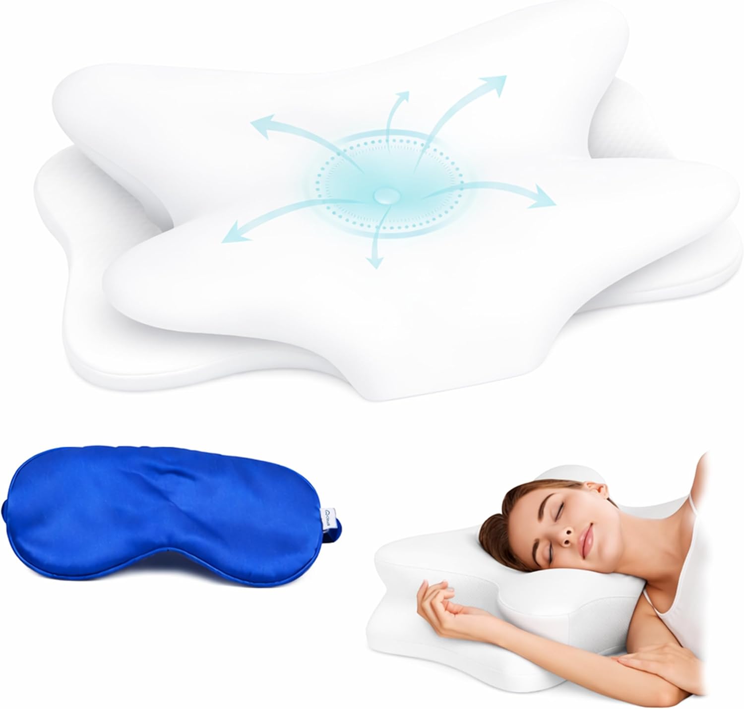 Cervical Pillow for Neck Pain Relief, Ergonomic Neck Support Pillow, Orthopedic Neck Pain Relief Pillow with Eye Mask, Contour Pillow for Back & Side Sleepers