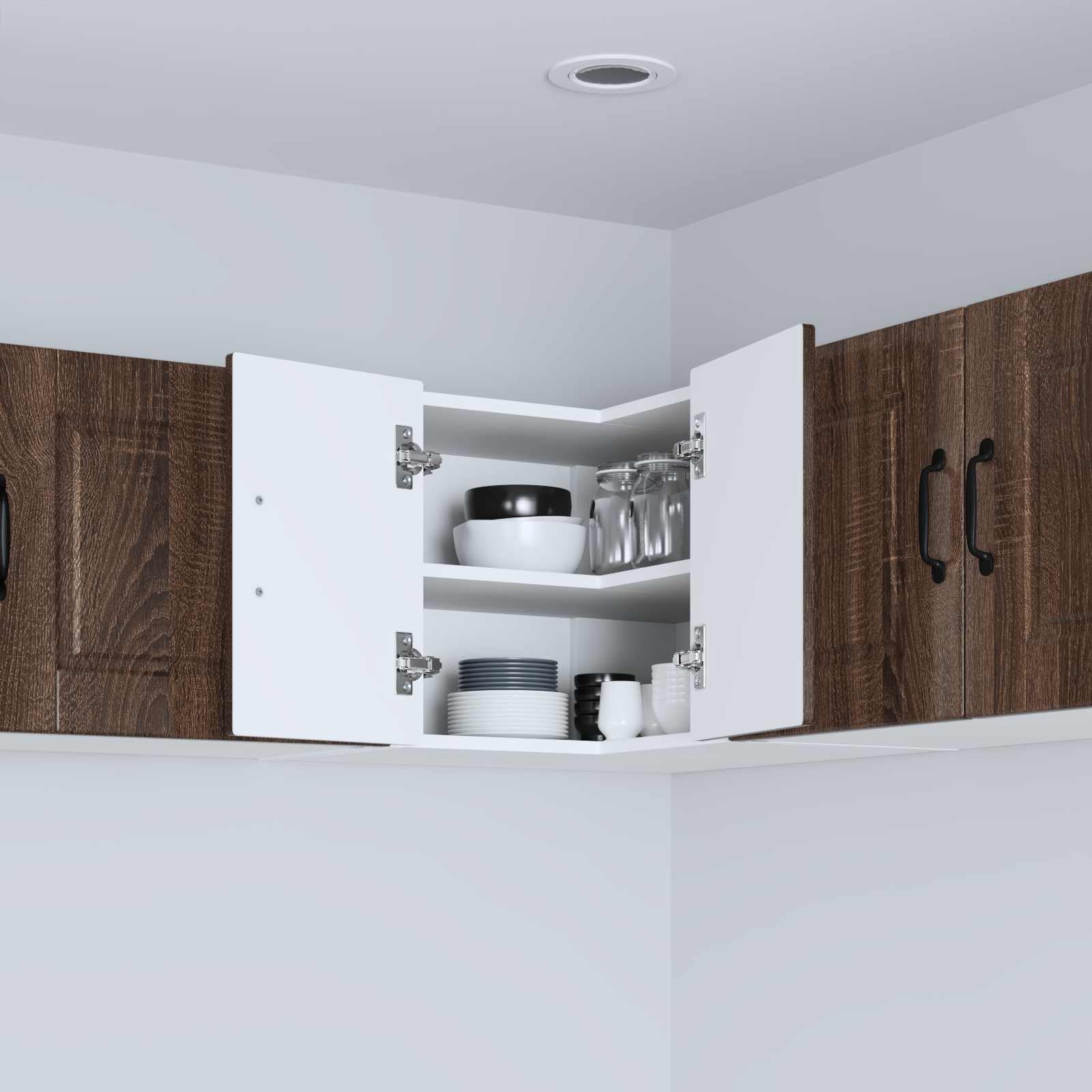 Armario esquinero de pared Porto en aspecto de roble marrón, 57 x 57 x 40 cm, 2 estantes, 2 puertas, armario colgante para almacenamiento y almacenamiento en cocina moderna