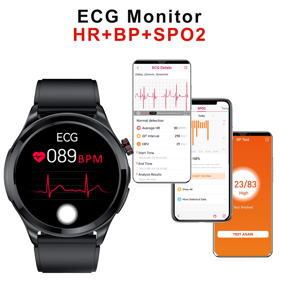 Reloj Inteligente ECG, 1,39 Pulgadas Impermeable Smartwatch con Presión Arterial, SpO2, Frecuencia Cardíaca, Mensajes y Recordatorio de Llamadas para Android iOS (Negro, TPU 22mm)