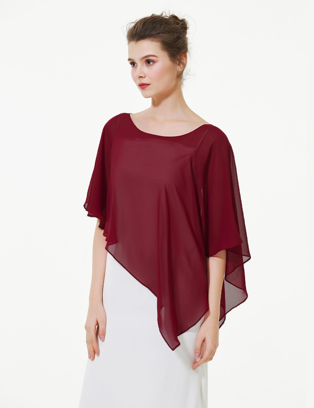 BEAUTELICATE Damen Chiffon Schal Stola Elegant Poncho Cape Brautjacket für Sommer Hochzeits Festlich Abendkleid (Asymmetrische - Burgundy, Einheitsgröße)