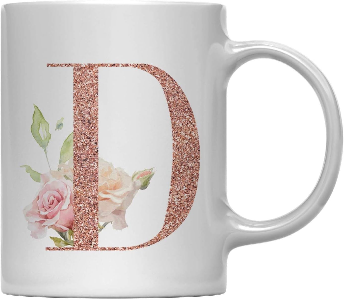 Andaz Press 11oz. Coffee Mug Gift, Pink Watercolor Roses with Faux Rose Gold Glitter Monogram Letter D, 1-Pack, Includes Gift Box, Christmas Birthday Mother's Day Graduation Coworker Present Ideas
