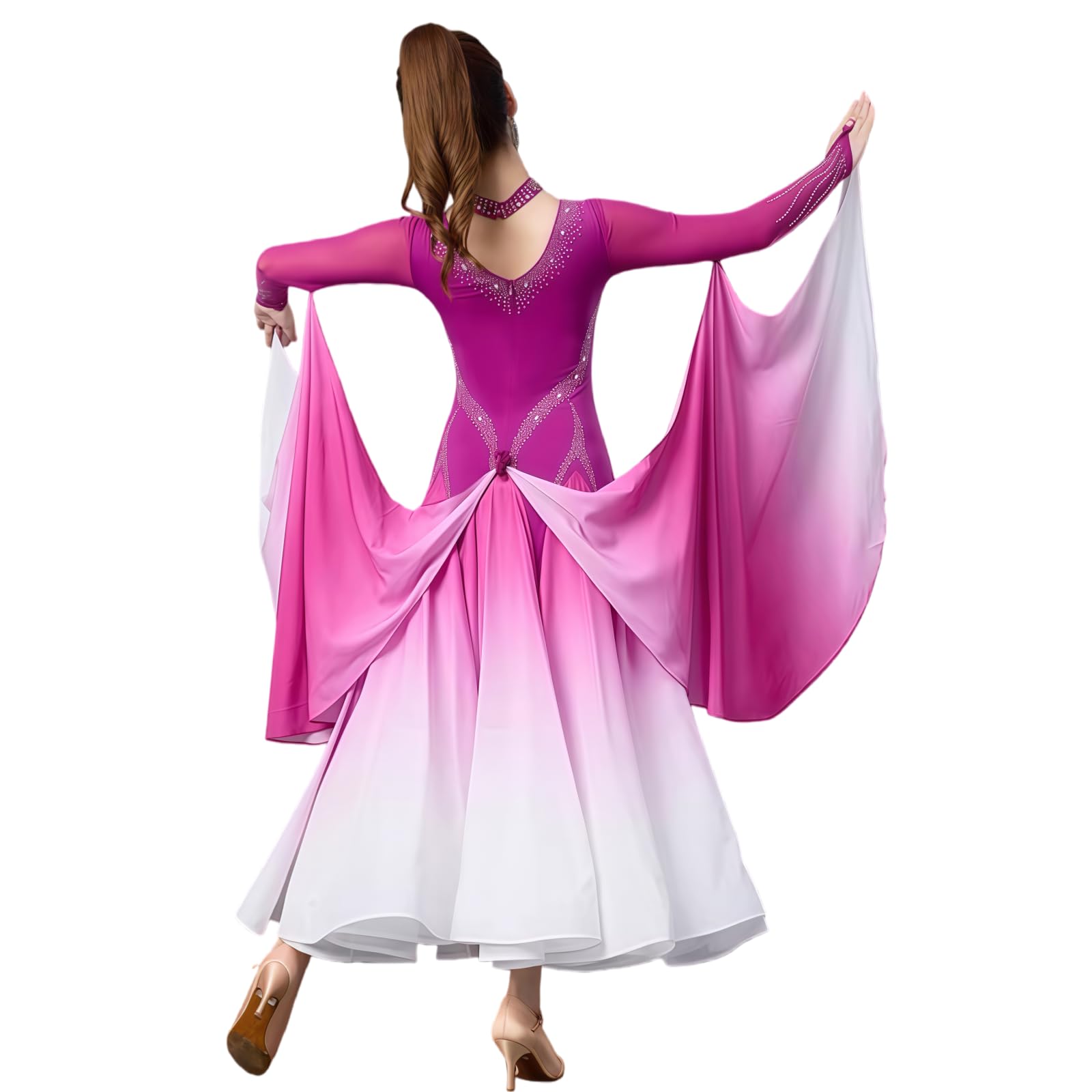 Damen Ballroom Turnierkleid, Elegantes Langarm Tanzkleid Mit V-Ausschnitt, Strass Und Fließendem Chiffonrock Mit Farbverlauf Für Walzer Tango Foxtrott