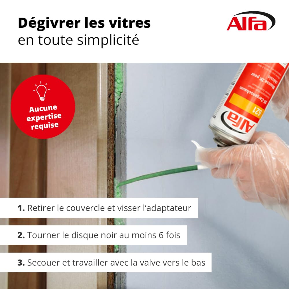 621 ALFA - Mousse PU expansive bi-composants 400ml manuelle pour châssis, 2 pièces, à durcissement rapide, rendement du volume 12-14 l (une fois posé)