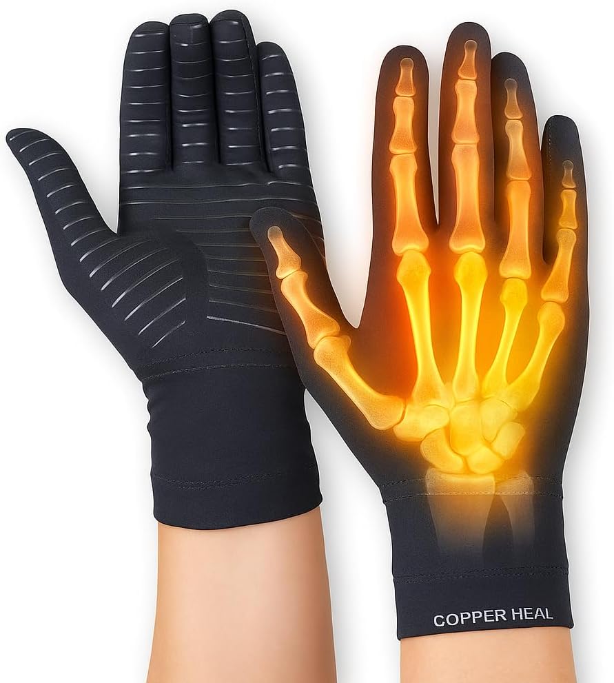 COPPER HEAL Copper Compression Gloves (PAIR) for Men and Women - Highest Copper Infused FULL FINGER Compression Gloves Hand