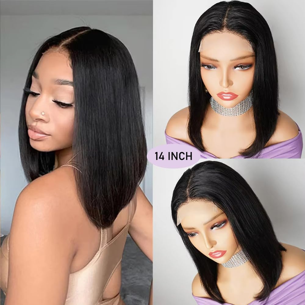 Holiden 200% Density 14 Inch Short Bob Wig Human Hair 13x4 HD Lace Front Wigs (13x4 Black Bob Wig, 14 Inch)