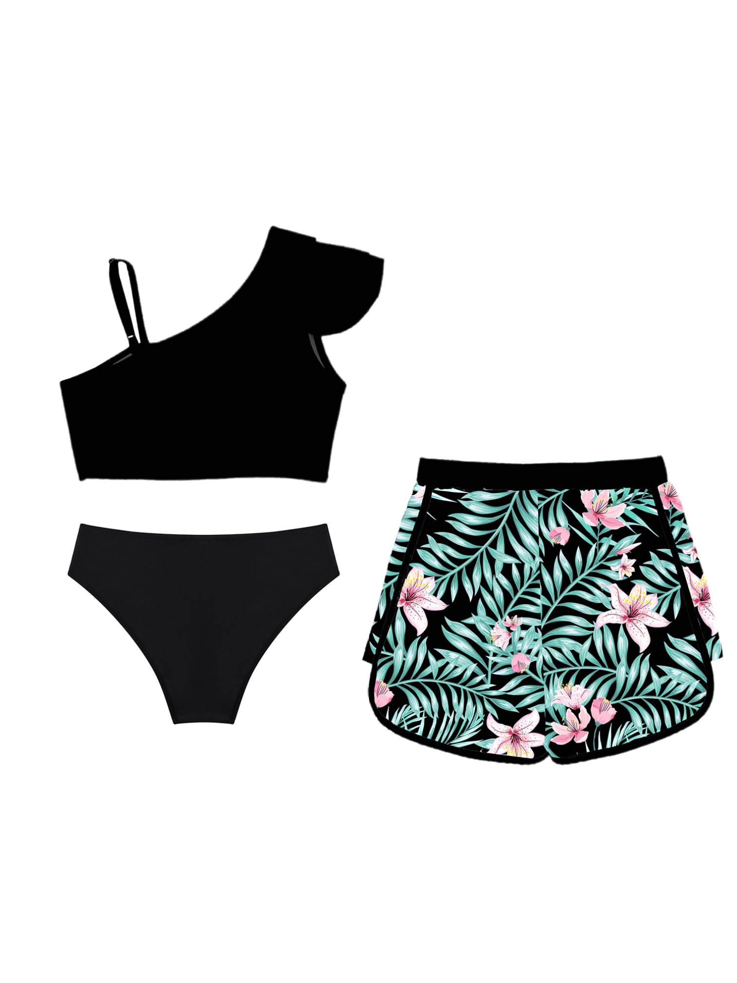 ranrann Ensemble Maillot de Bain Fille Enfant Ado 3 Pièces Débardeur + Bas de Bain + Short Imprimé Tropical Natation Plage 5-16 Ans