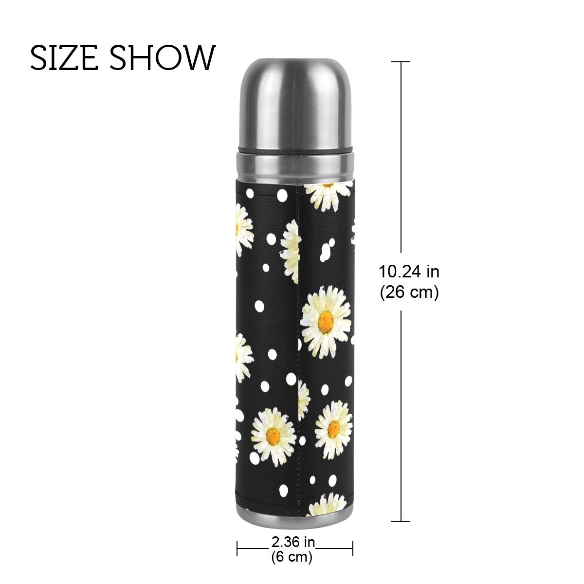 Taza de viaje de acero inoxidable con aislamiento al vacío, doble pared, a prueba de fugas, diseño de flores, lunares, estampado personalizado impreso en piel auténtica, termo de 500 ml
