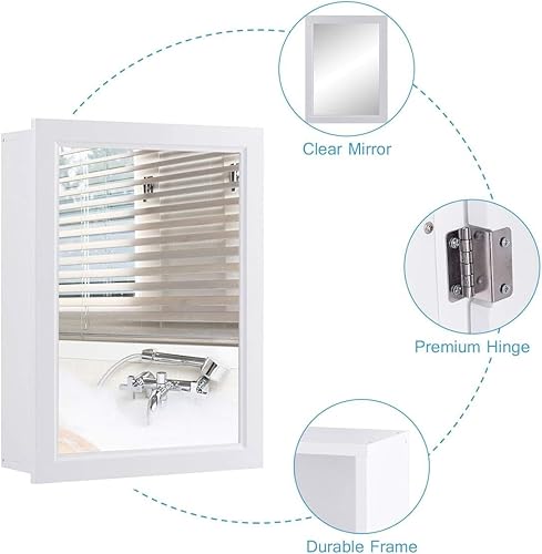 Miniatura 6 de GOFLAME Botiquín de baño, armario de almacenamiento con espejo de montaje en pared con una sola puerta y estante ajustable, organizador de madera