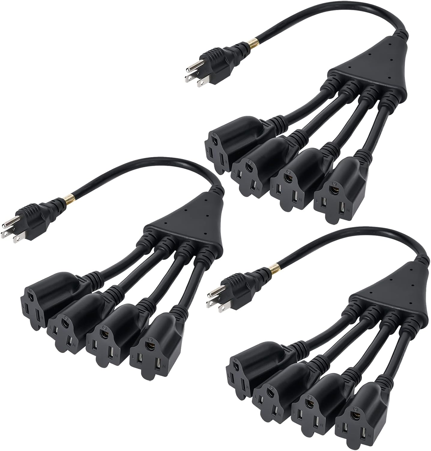 4 Way Power Cord Splitter Cable (3 Pack)-3 Prong 1 to 4 Extension Cord-Outlet Saver-Elecan Male to Female Y Splitter Power Extension Cable Strip–UL Certified SJTW 16 Gauge 13 A/125 V–1.5 Feet Black
