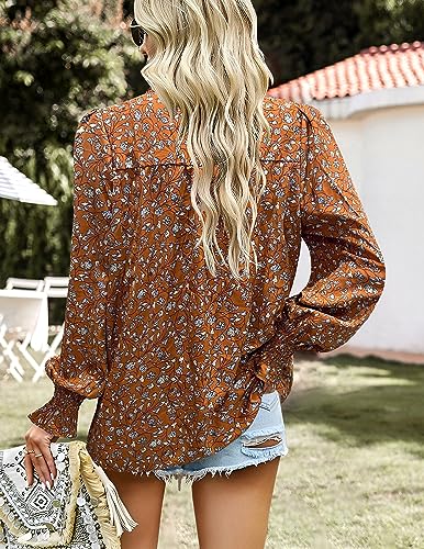 HOTOUCH Womens Long Sleeve Tops Boho Floral Printed Blouses Casual V Neck Pleated Drawstring Peasant Shirts2