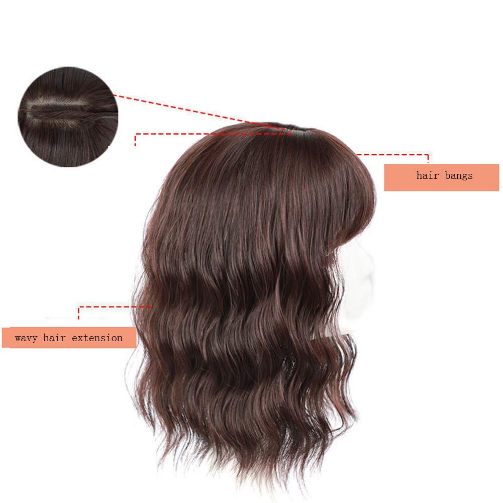 RemeeHi Curly Wave Hair with Bangs for Women, Toppers Hairpieces Clip in Hair Topper for Thinning Hair Synthetic Hair Extension Brown Black 18inch
