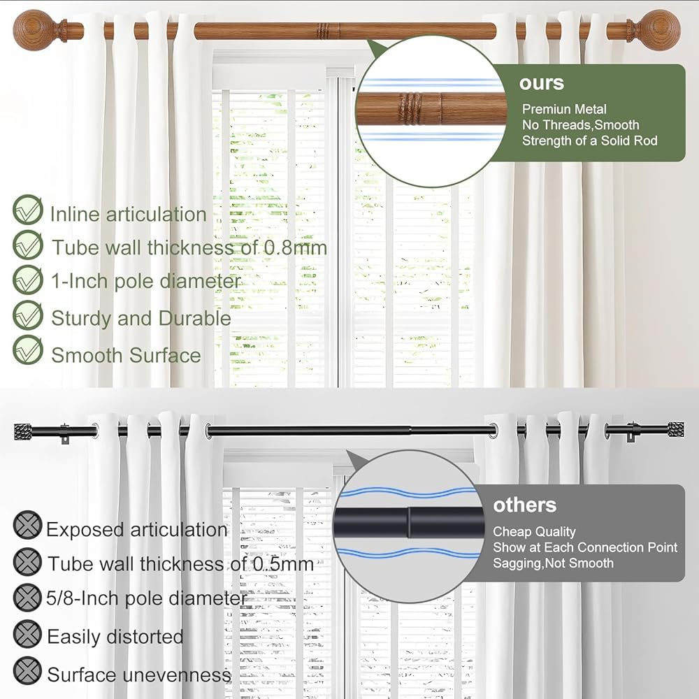 Holzkornkugel Verstellbare Gardinenstange,verstellbare Duschvorhangstange,Bauernhaus Rustikale Teleskopstange, Spannstange,Bügeleisen mit Scheibengardinenstange(Size:18-60in)