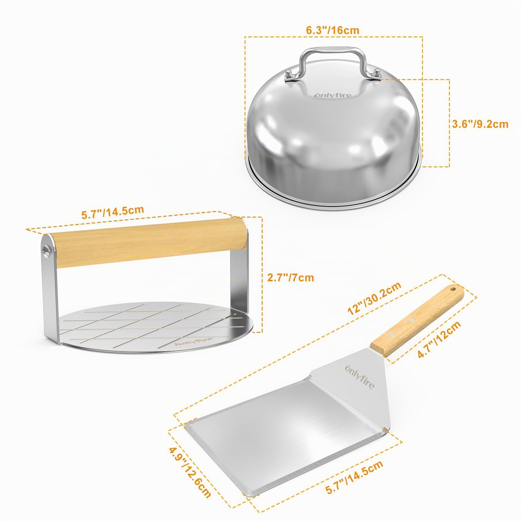 Onlyfire Smash Burger Kit de Acero Inoxidable, Prensa Hamburguesas, Espátula de Cocina y Tapas para Hamburguesas, Kits de Utensilios para Barbacoas para Plancha Superior Plana, Teppanyaki y Camping