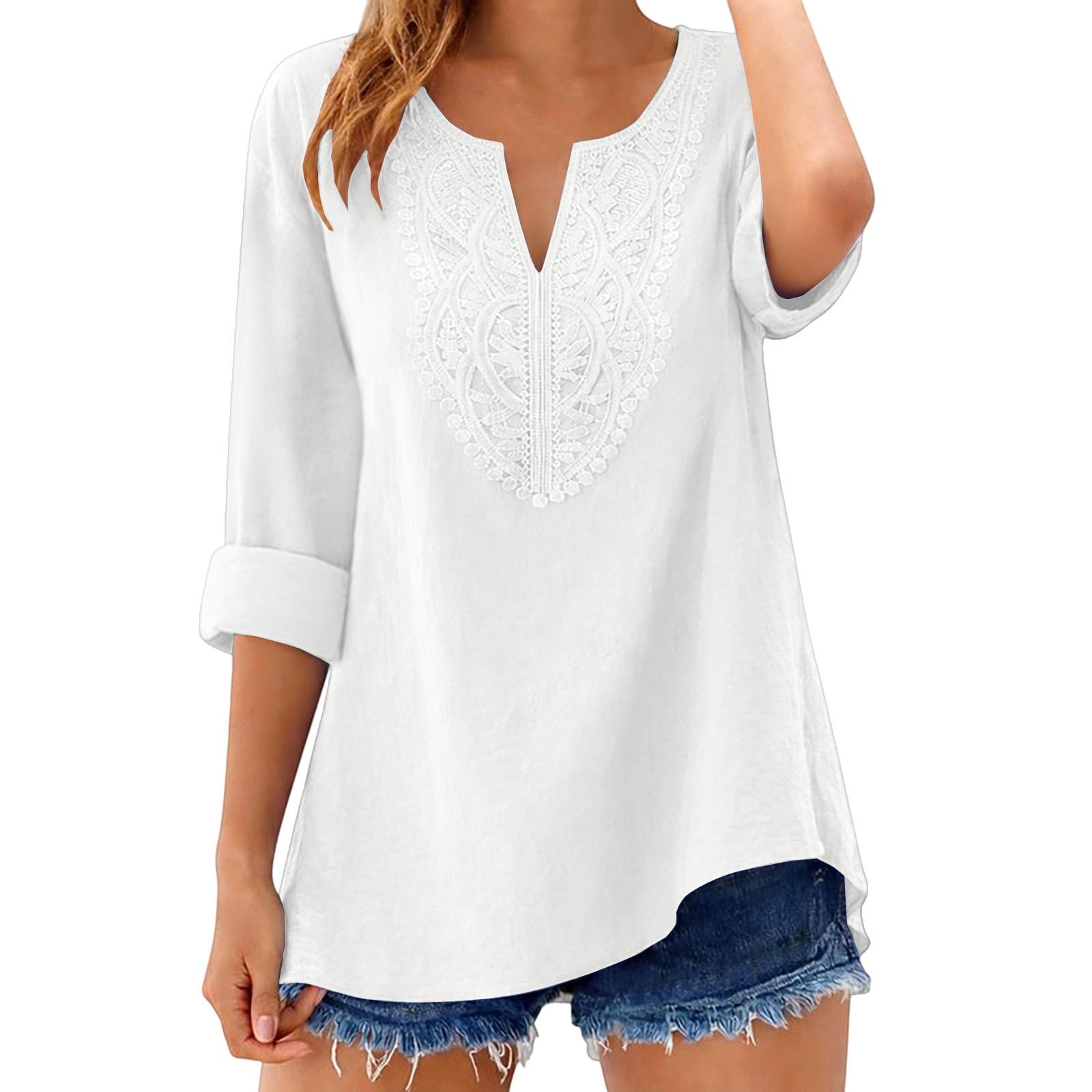 2026 - Top da donna in lino con maniche a 3/4, scollo a V, camicie casual da vacanza, vestibilità larga, tunica da contadina ricamata in stile bohémien, sottile, traspirante, oversize, da