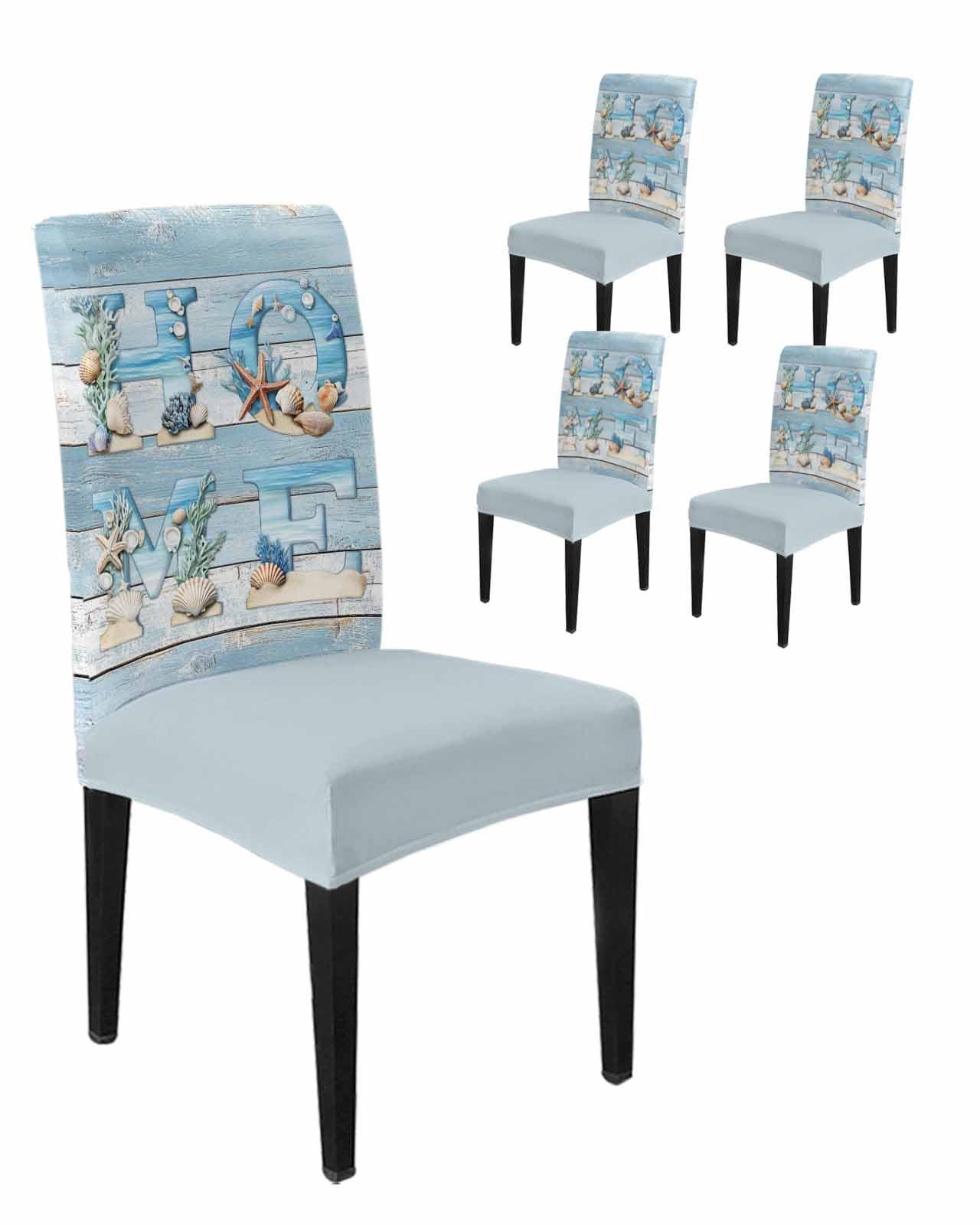 4 Pcs Dining Chair Covers Stretch Spandex Slipcovers Coastal Shell Starfish Coral on Wood Removable Washable Dining Room Seat Cover Cushion Protector