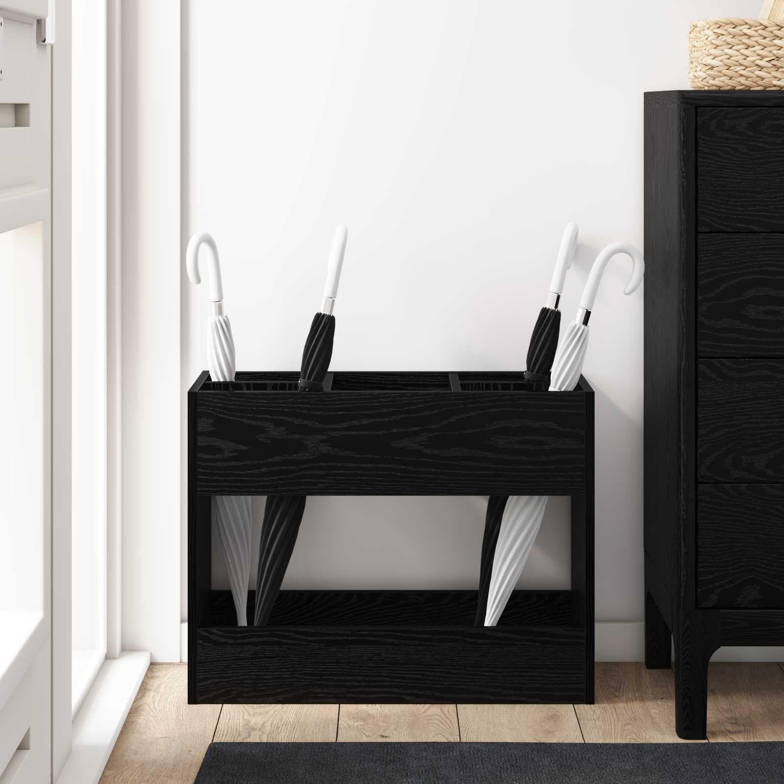 Portaombrelli nero effetto rovere, 65 x 24 x 50 cm, portaombrelli per corridoio, ingresso, foyer, per riporre e organizzare