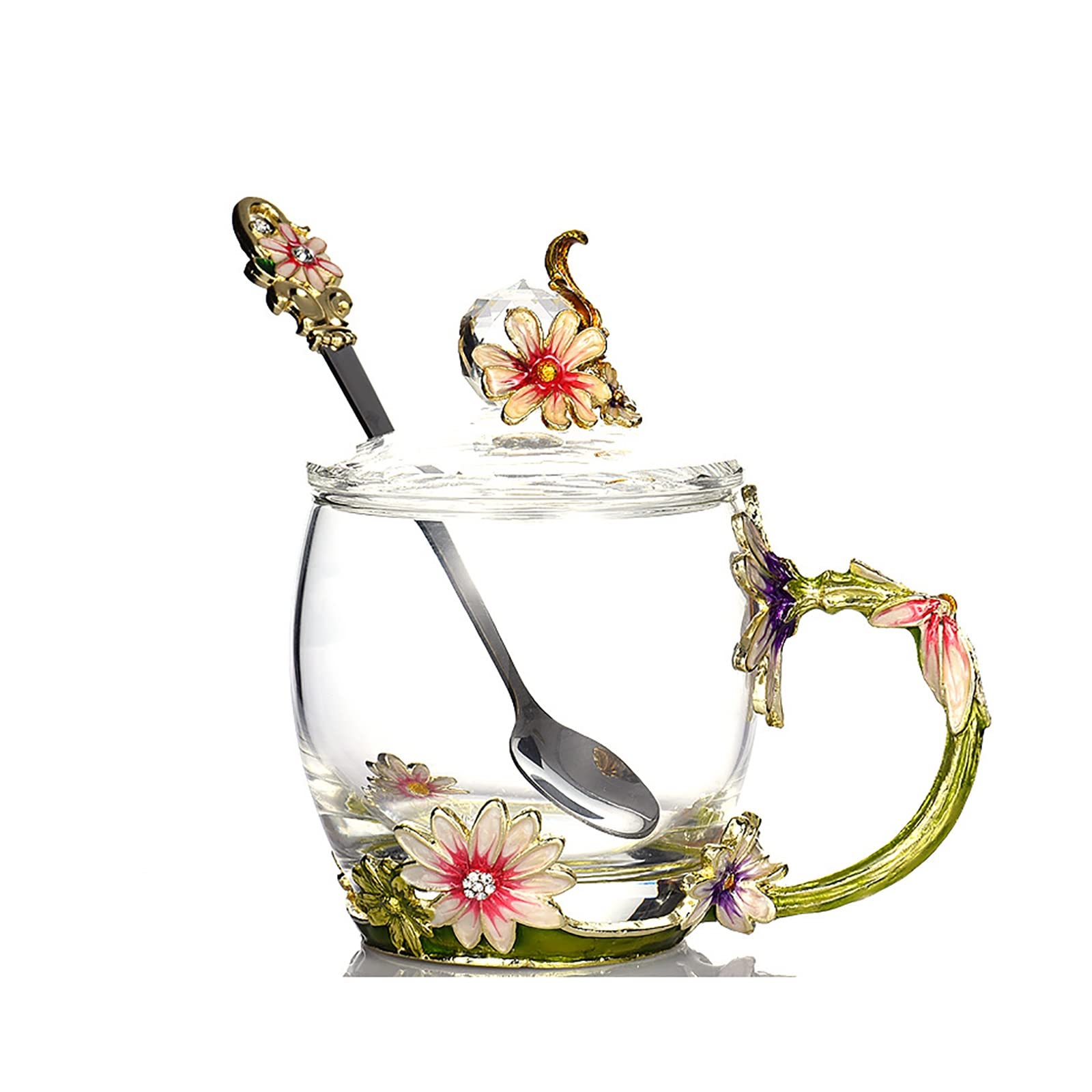 Emails Chrysantheme Glastasse, klare bleifreie Glas Kaffeebecher Teetasse mit Deckel Untersetzer und Stahl Löffel Set, für Weihnachten Geburtstag Emaille Blume Glasbecher(Green)