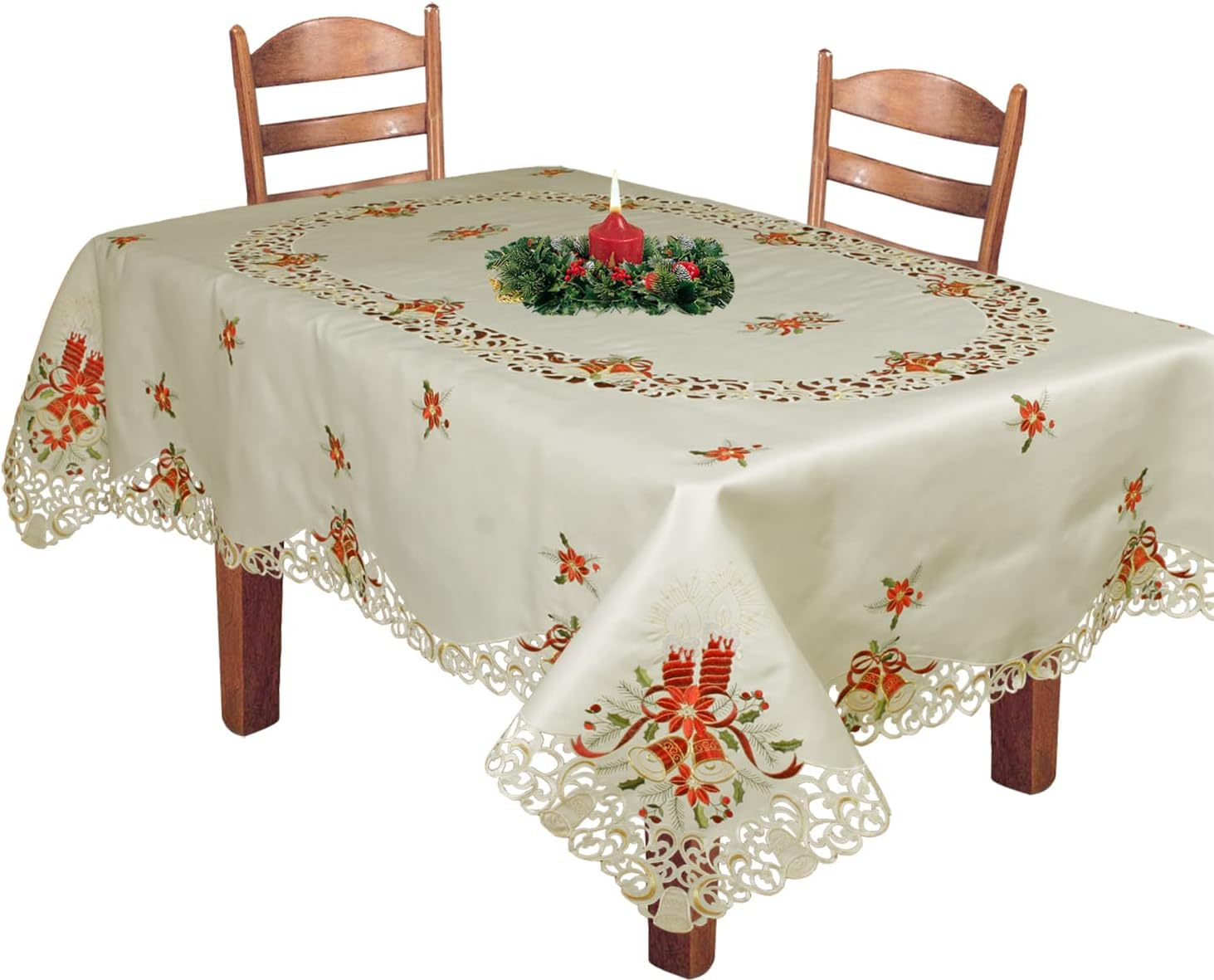 Creative Linens Holiday Christmas Embroidered Poinsettia Candle Bell Tablecloth 70x90 & 8 Napkins Beige