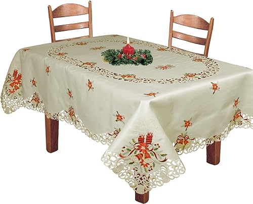 Creative Linens Mantel de campana de pascua bordada navideña de Navidad de 70 x 90 y 8 servilletas beige