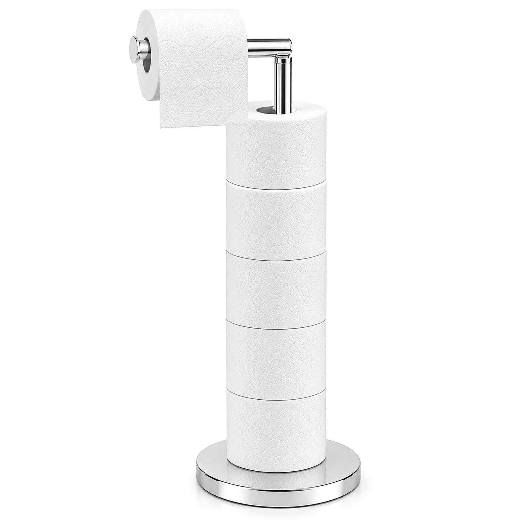 Innoteck Freestanding Toilet Roll Holder with Spare Roll Storage, L Shaped Toilet Paper Holder Stand, Floor Standing Bathroom Tissue Roll Storage, Holds Up to 5 Rolls (Chrome)