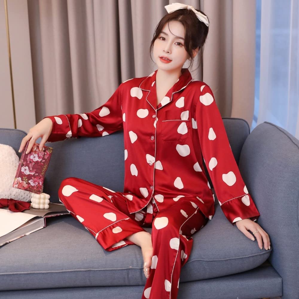 Pyjama,Damen-Pyjama-Sets Roter Seidenimitat-Satin Revers Knopftasche Unregelmäßiger Tupfendruck Kuscheliges Pyjama-Oberteil Mit Langen Ärmeln & Unterteile Set Lounge Wear Nachtwäsche Weiche Fau