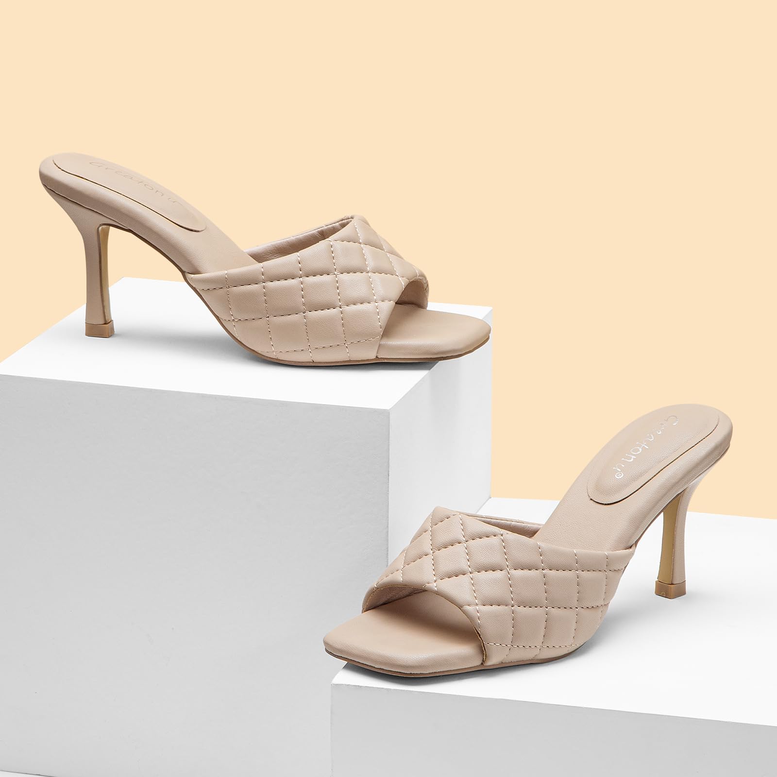 Greatonu Women's Square Toe heels Open Toe Slip-on Sandals Heeled Mules