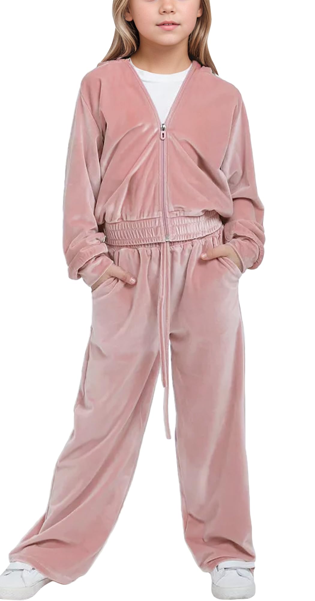 FEOYA Dziewczęce spodnie aksamitny płaszcz z kapturem dziecięcy strój do biegania jesień nastolatek dres sportowy kampus odzież szykowna gimnastyka zima moda elegancka szkoła 5-13 lat