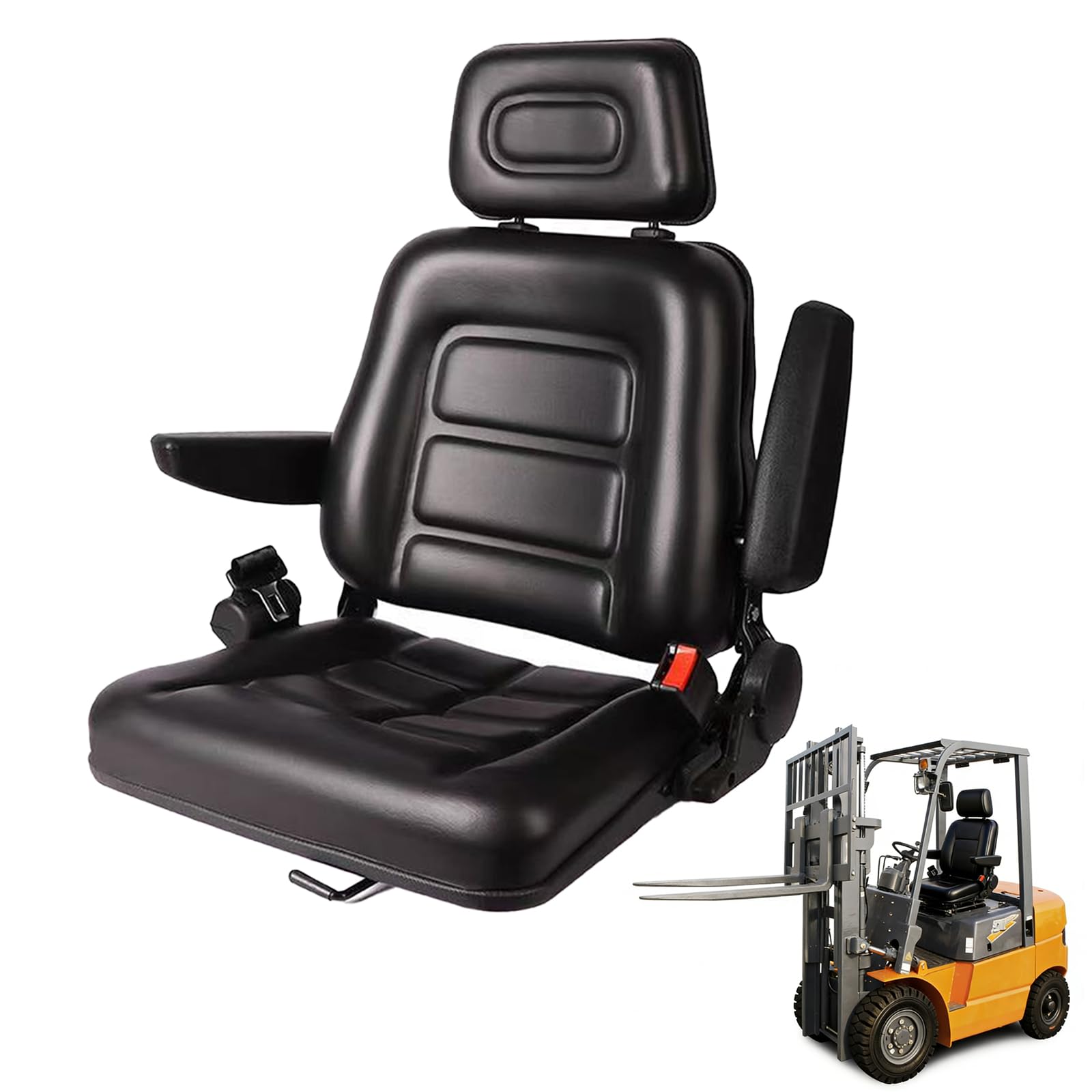 Asiento universal para tractor, asiento plegable para carretilla elevadora con respaldo ajustable y cinturón de seguridad, reposacabezas ajustable en 3 posiciones, reposabrazos plegables y rieles