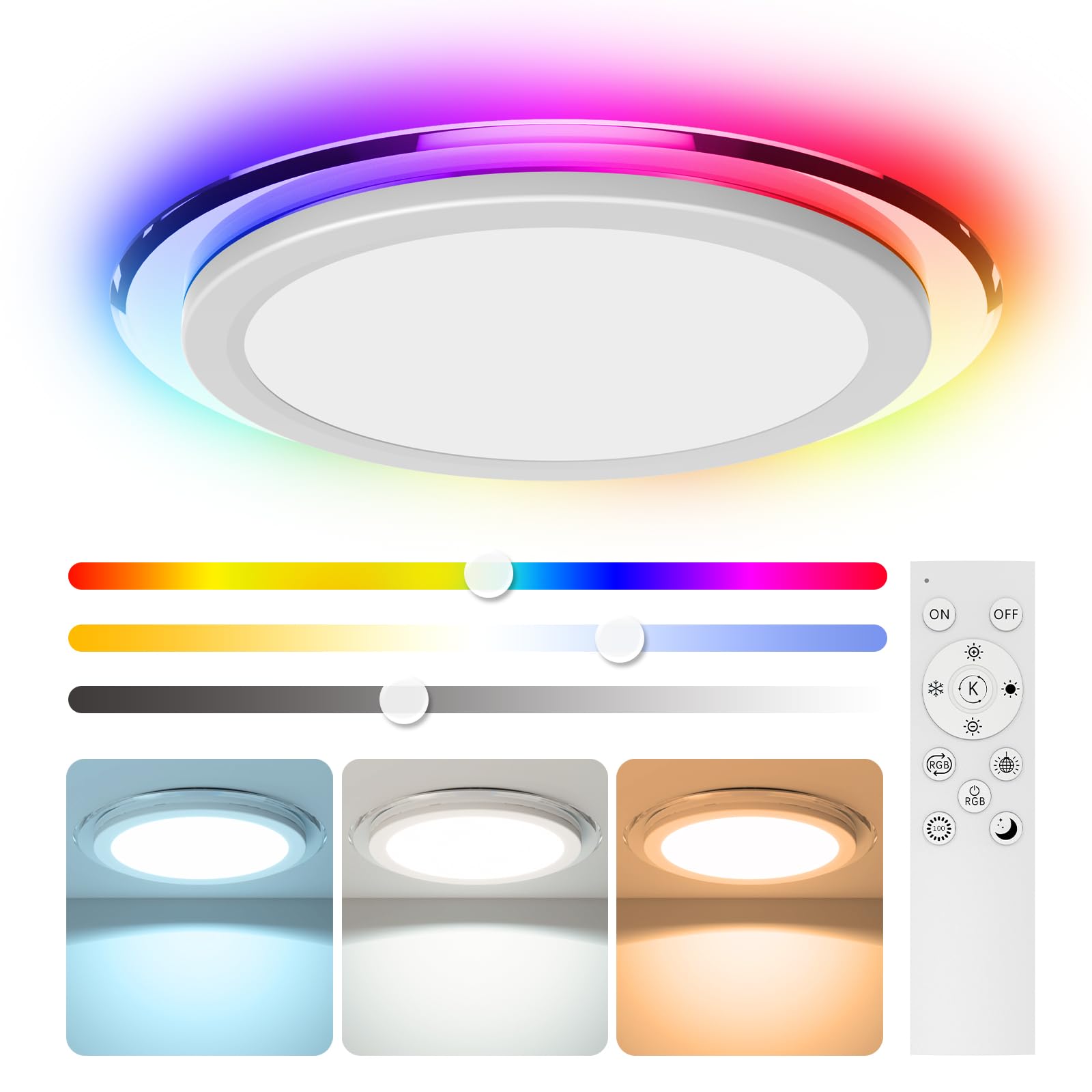 Aphyni 36cm LED Ceiling Light 3000-6500K, 33W 3600LM Waterproof Bathroom Light Dimmable with RGB Color Changing Planet Ring, Flush Round Ceiling Lights for Kitchen Bedroom Hallway with Remote & App