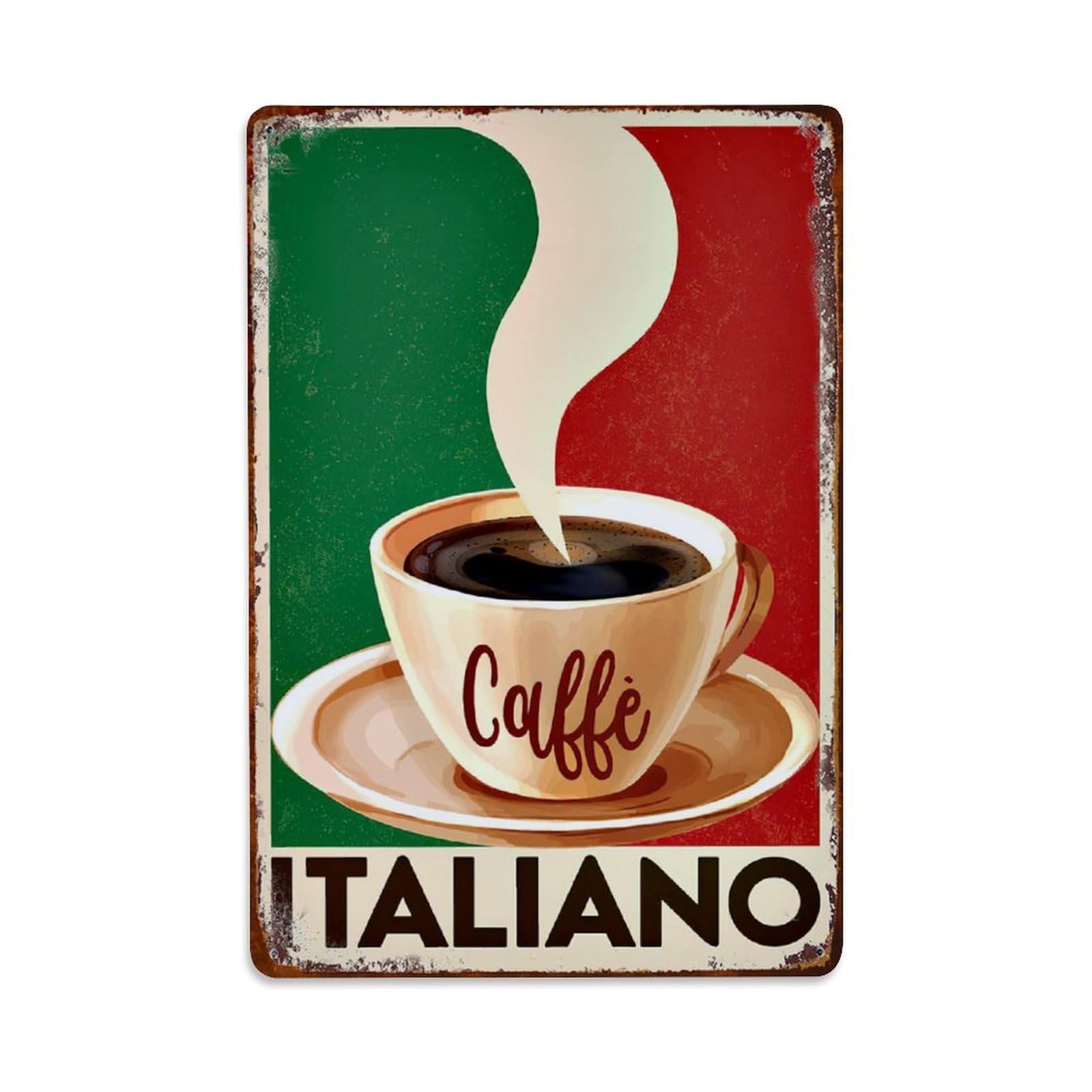 Rkundrne Vintage Italian Coffee Italiano Caffe Italy Flag Background Metal Tin Sign Garden Bedroom Cafe Bar Man Cave Home Wall Decor Metal Poster 8X12 In