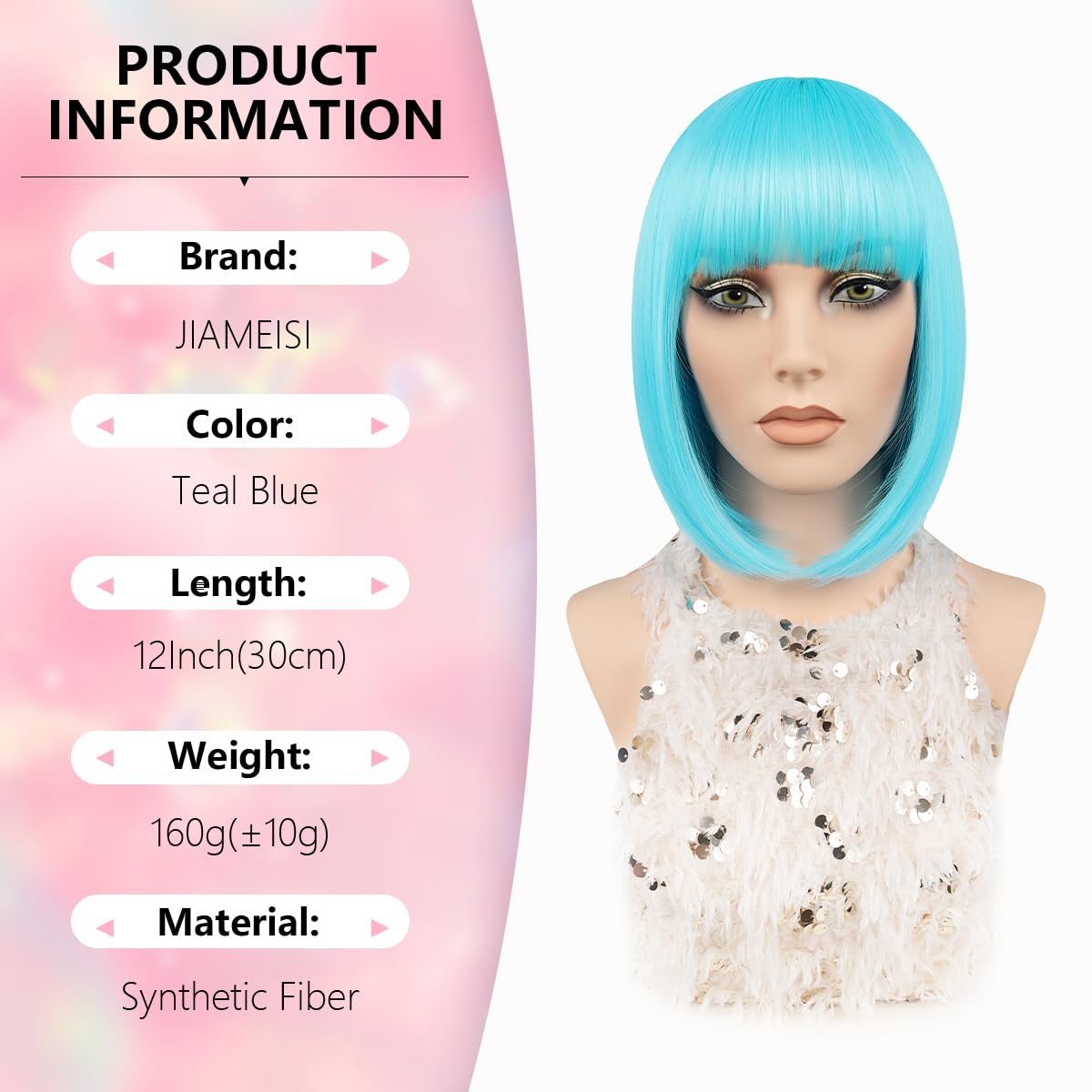 Straight Blue Bob Wig with Bangs 12" Short Bob Wigs for Women Girls Cosplay Party Synthetic Fiber Colourful Bob Wigs Fashion Looking Christmas Halloween Daily Use (Teal Blue) - Image 2