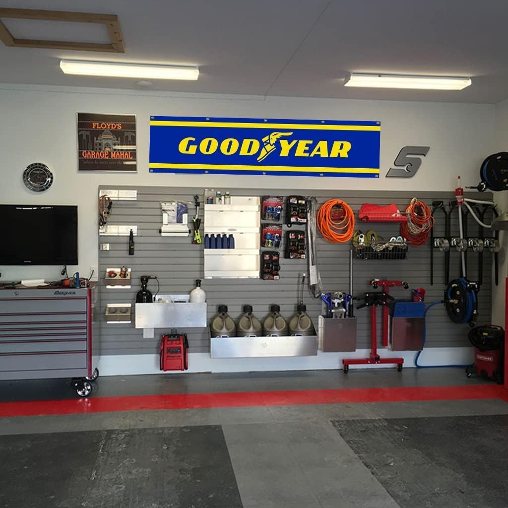 Goodyear Tires Flag Banner, 2x8ft Flags with 10 Brass Grommets for College Dorm Decor, Outdoor, Gift, Indoor, Garage, Home,House