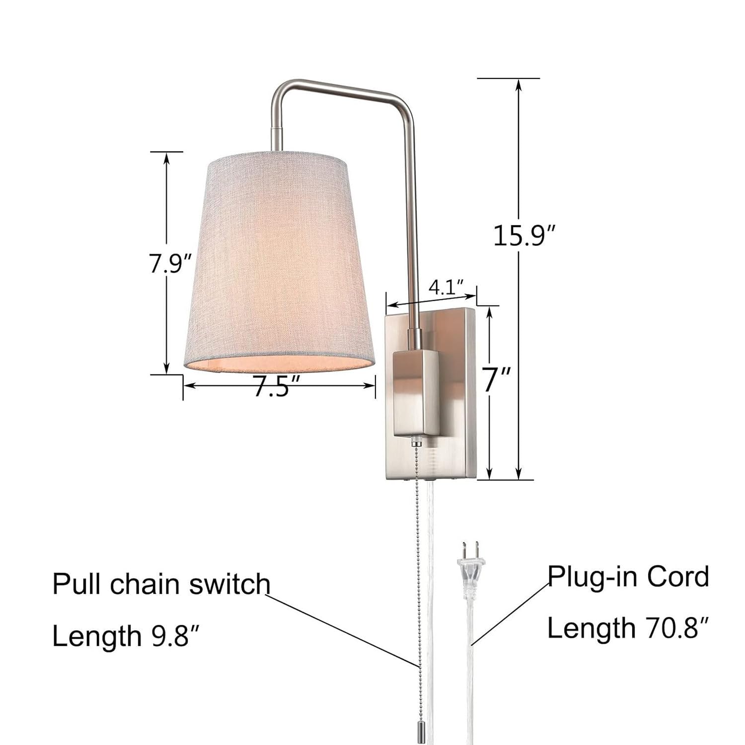 Lampa ścienna Lampy nocne z wtyczką i przełącznikiem, metalowa chromowana lampa ścienna Regulowana lampa do czytania E27 z abażurem z tkaniny, klasyczny wewnętrzny spot ścienny do sypialni Salon Hotel