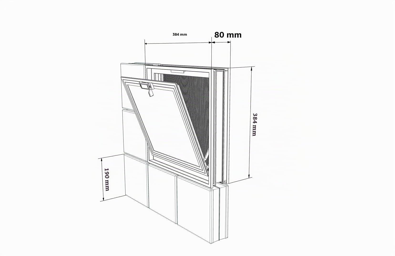 Ventana de ventilación para insertar en una pared de vitroladrillos o mampostería | Dimensiones 38,4 x 38,4 x 8 cm | Unidad de venta 1 ventana