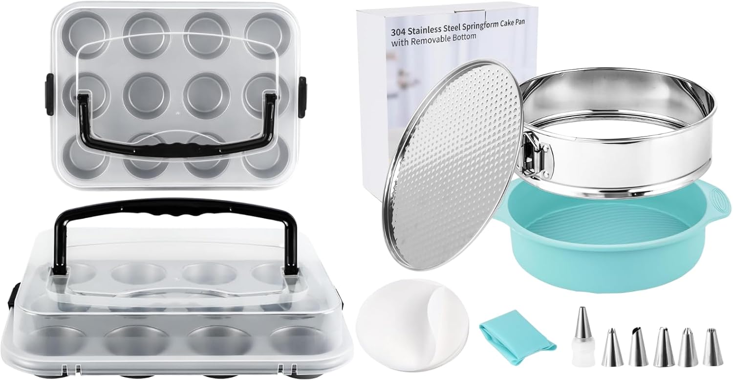 2-Pack Muffin Pan with Carry Lid|9inch 304 Stainless Steel Springform Cake Pan with Detachable Bottom