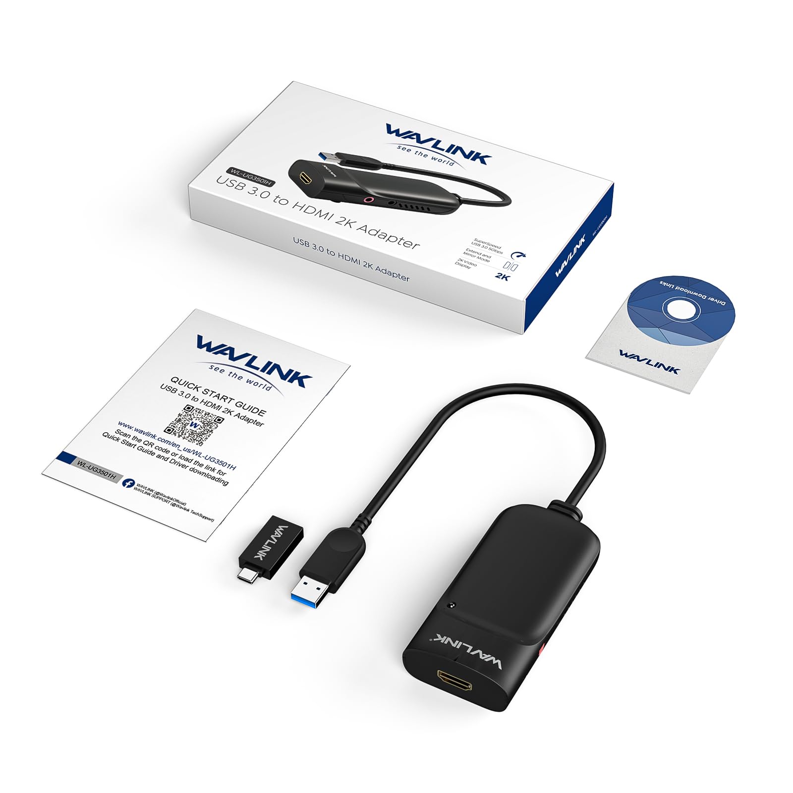 WAVLINK Adaptador USB C a HDMI 2K, Convertidor USB 3.0 a HDMI Displaylink para 6 Monitores Windows
