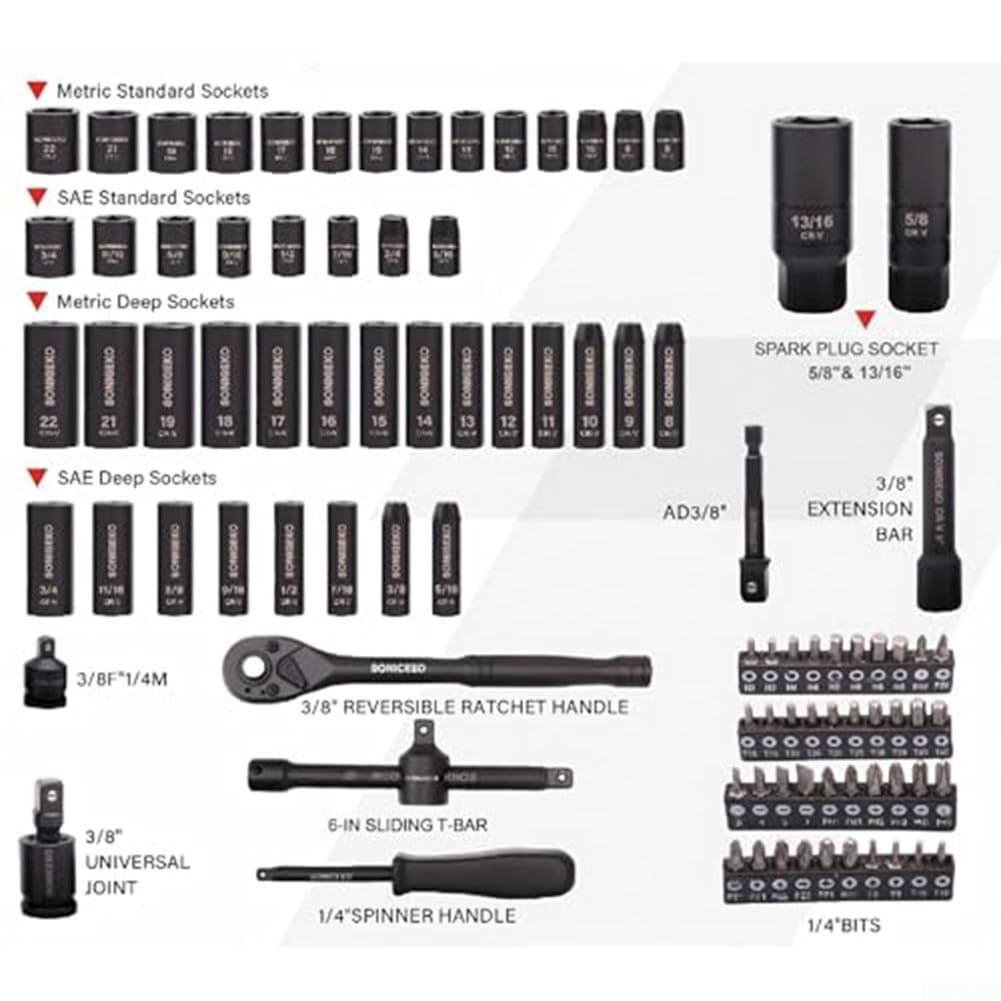 Lot de 95 douilles 3/8" en acier CR-V avec poignée à cliquet, tailles métriques et SAE, douilles profondes à 6 pans pour réparation automobile et générale