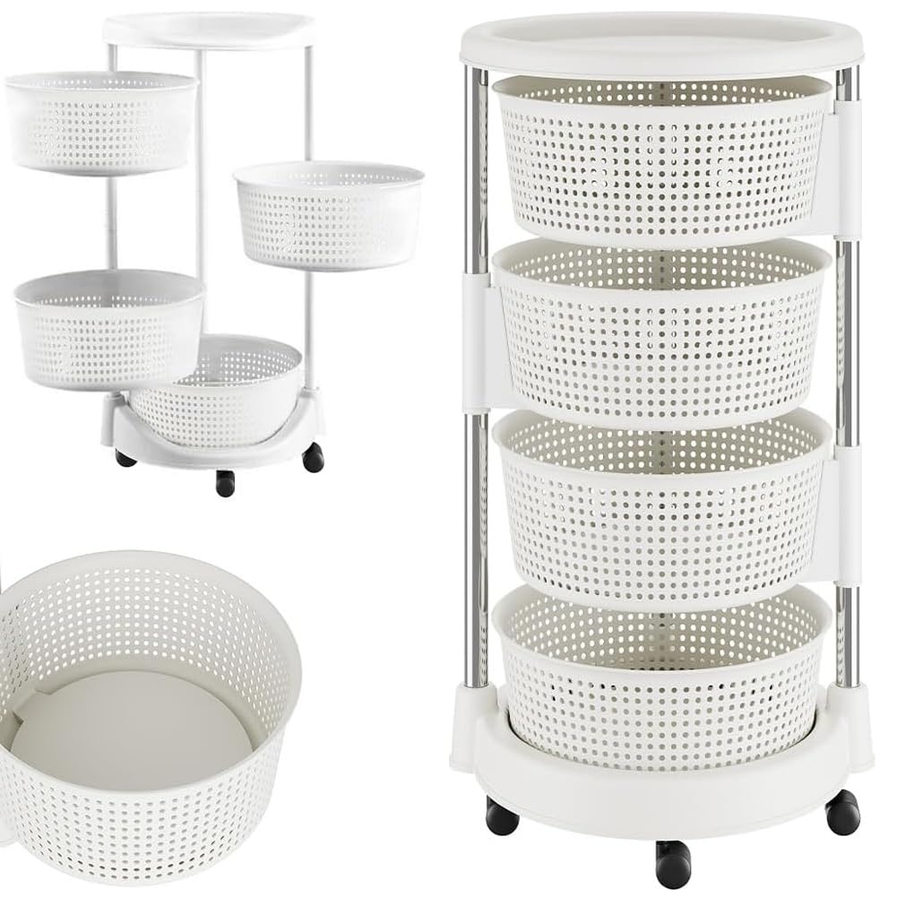 BAKAJI Carrello da Cucina portafrutta con cestelli apribili, Carrellino Portaoggetti Salvaspazio con 4 Ruote Girevoli, Struttura Acciaio e Cesti in plastica, Ideale Cucina, Bagno, (4 Ripiani)