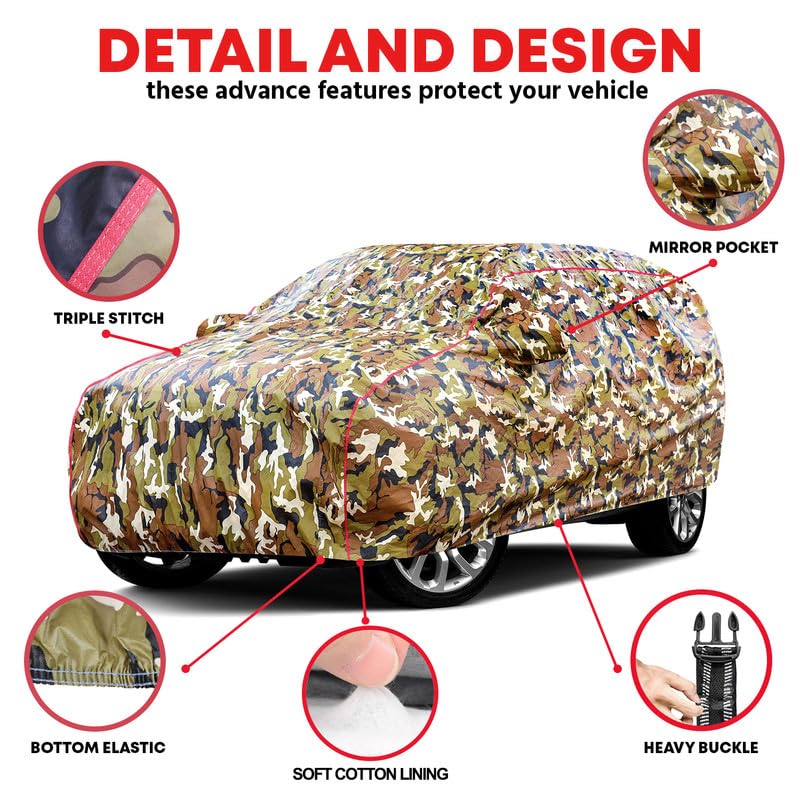 Image of Waterproof Car Body Cover for Maruti Suzuki Eeco - Dust & UV Proof with Mirror Pocket and Soft Cotton Lining (Full Bottom Elastic & Triple Stitched) (Military Jungle Print, Camouflage Design)