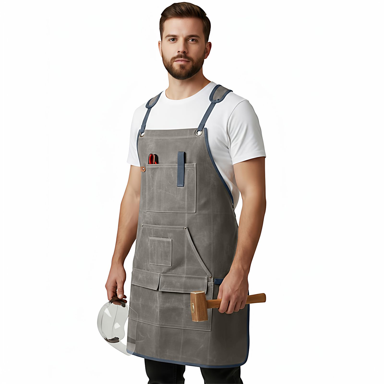 Sneulletoys Welding Tools Apron for Men,Heavy Duty Waxed Canvas Workshop Apron for Carpenters,Woodworking with Multi-Functional Pockets,Adjustable Gardening Cross Back Apron for M-XXL (grey)