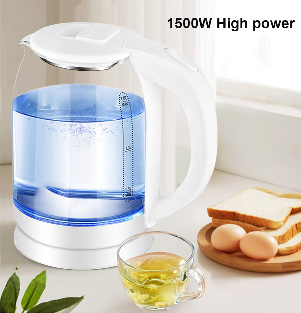 Bollitore Elettrico in Vetro, 1,8 L, 1500 W, Con Illuminazione a Led Blu, Spegnimento Automatico E Protezione Da Surriscaldamento, Fondo Interno in Acciaio Inox 304, Senza BPA (White)