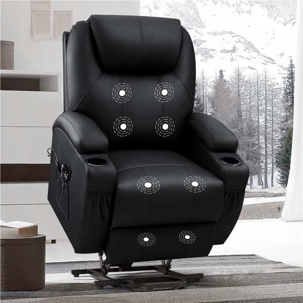 Electric Power Lift Recliner Chair for Elderly Massage Function Side Pockets and Cup Holders Leather Upholstered Reclining Sofa for Living Room Comfort Adjustable Position Sturdy Frame Black