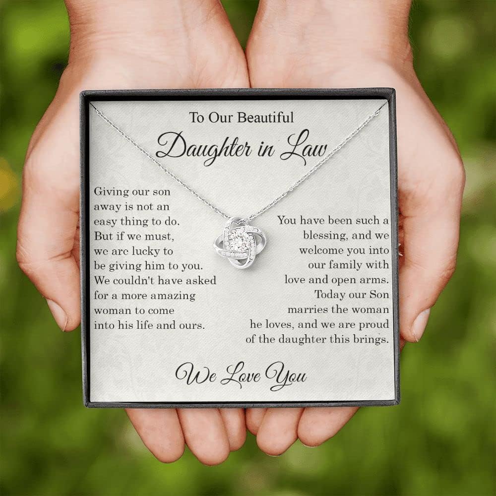 To My Daughter-in-law Love Knot Necklace from Mother-in-law, Birthday Gift For Daughter-in-law from Mom or Dad, Pendant Jewelry for Girl with Message Card and Box Meaning
