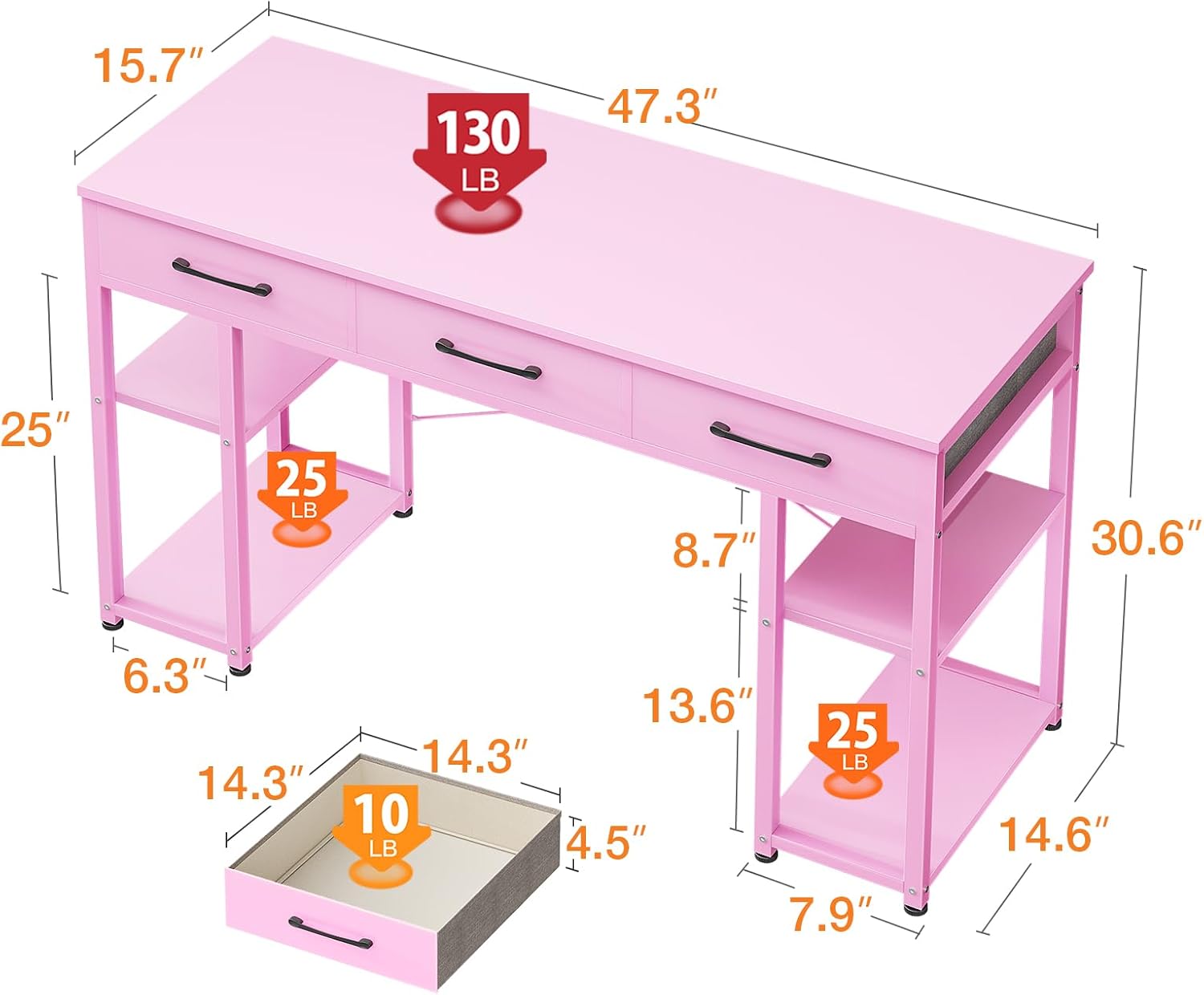 Detailed dimensions of the ODK Vanity Desk, including length, width, height, and maximum weight capacities for the tabletop (130 lbs) and shelves (25 lbs each).