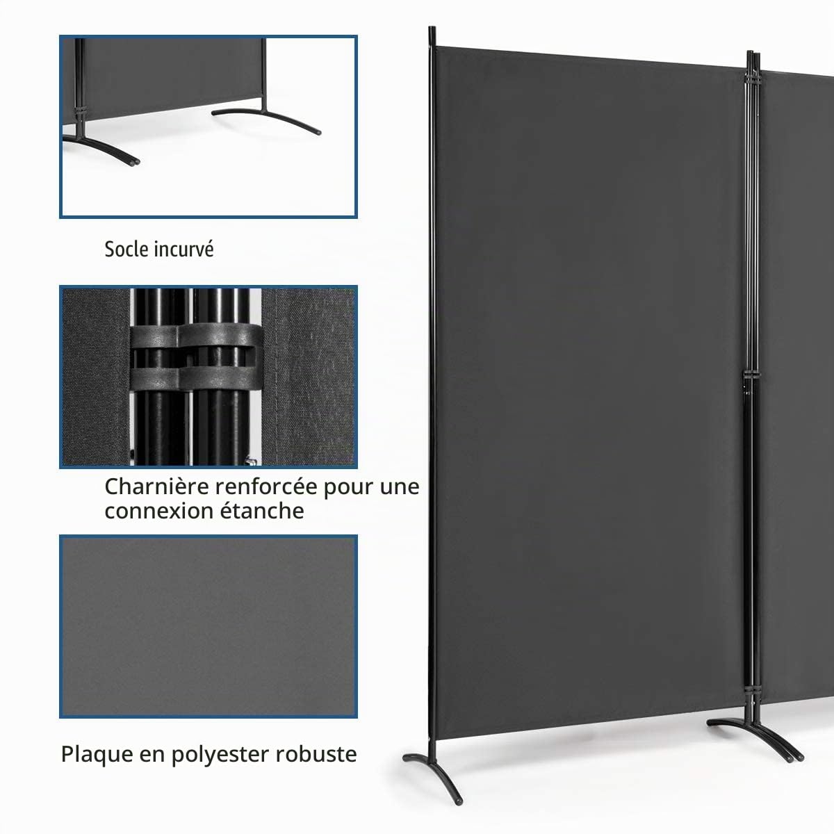 FANTASK Paravent Mural à 3 Panneaux - 260 x 183 cm - Pliable - avec Dessous réglables - en métal et Polyester - pour la Maison, Le Bureau, la terrasse - Gris