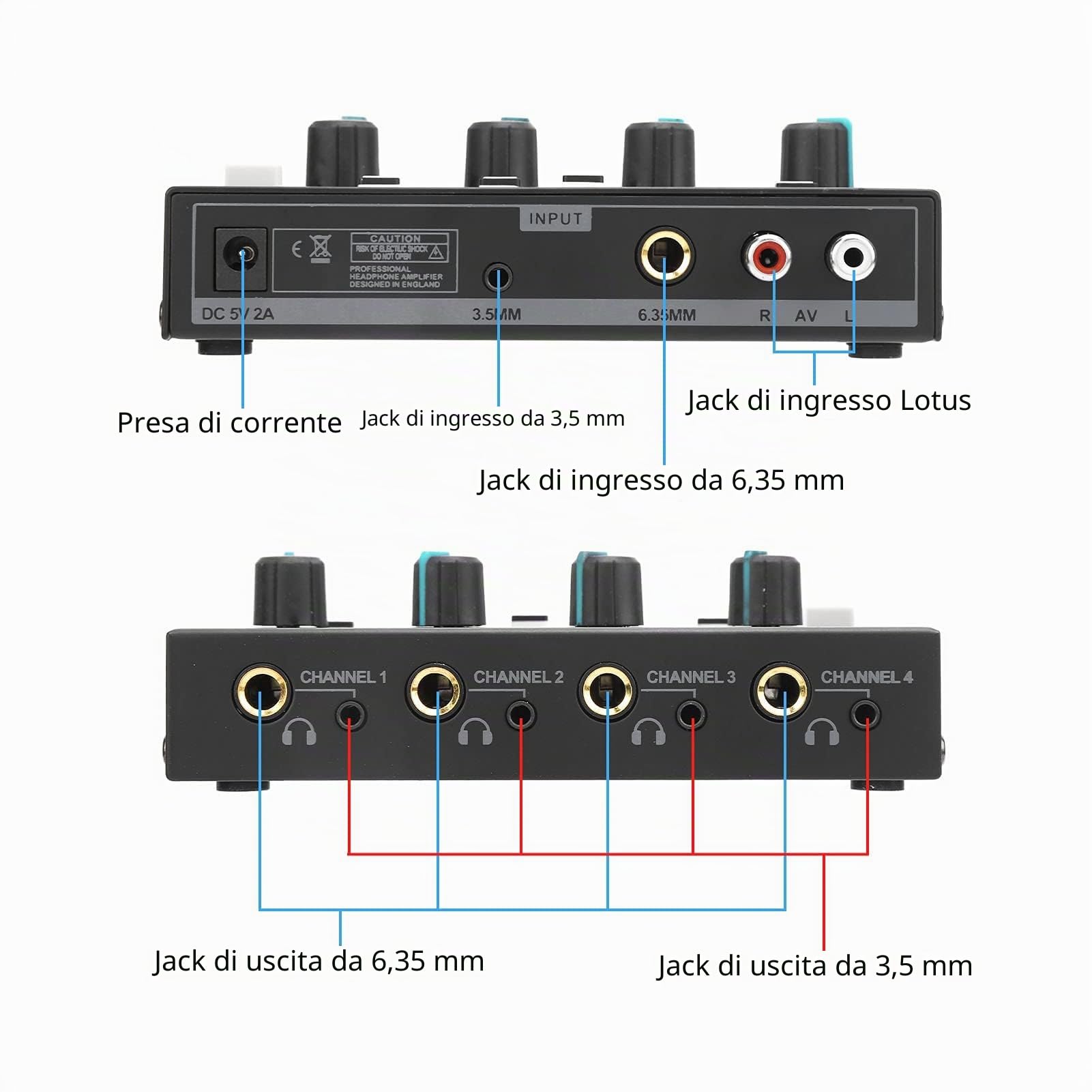 Amplificatore per Cuffie 4 Canali Splitter Amp Monitor 100‑240 V Mono/stereo Set AMP‑i4Ⅱ con Tappetino Antiscivolo Sul Fondo(EU Plug)