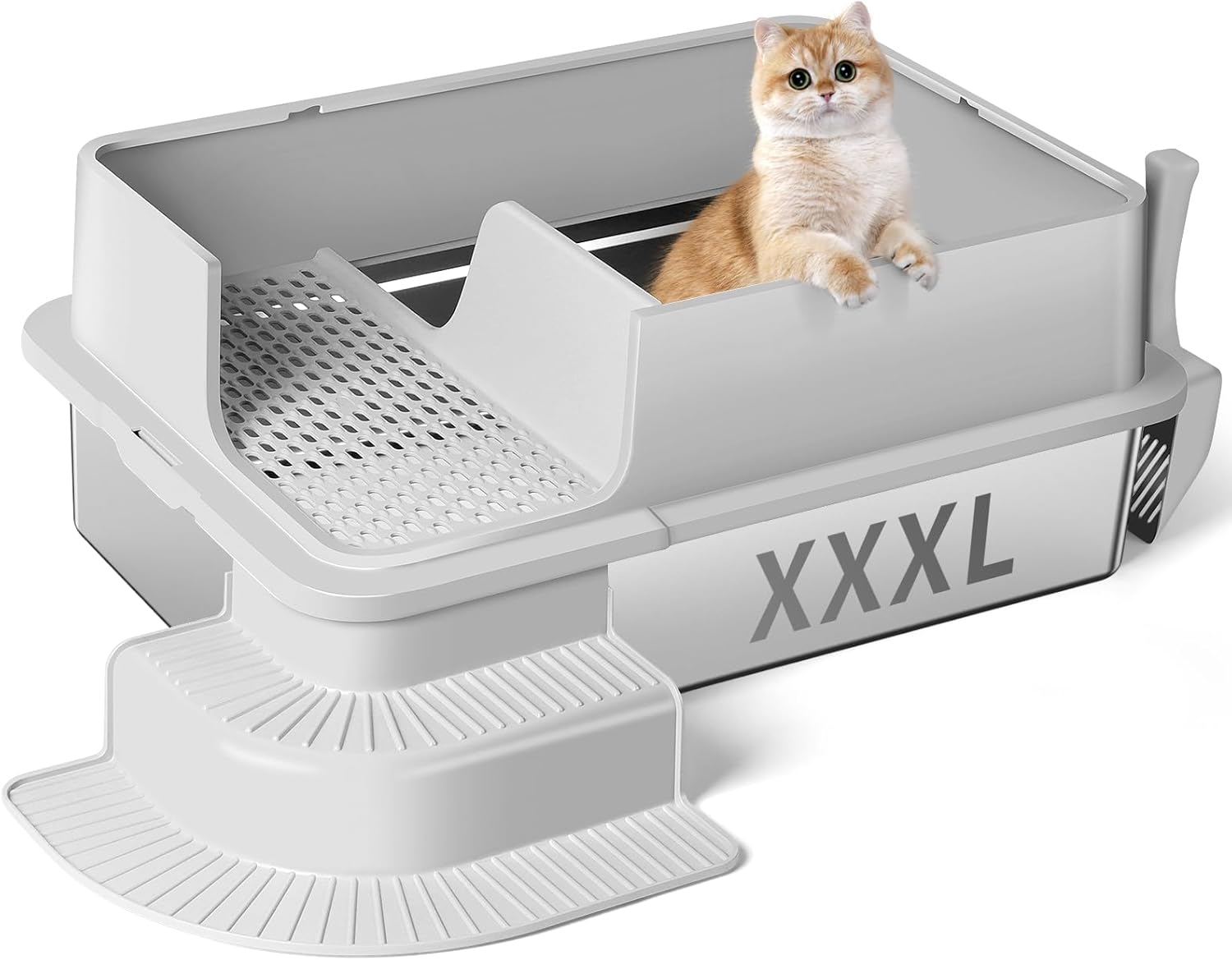 XXXL Stainless Steel Litter Box, 28"x20"x12" Extra Large Semi Enclosed High Sided Metal Cat Litter Box with Filtered Grid, Step, Scoop, Non-Sticky, Non-Odor, Easy Cleaning (Light Gray) Semi Enclosed-Light Gray