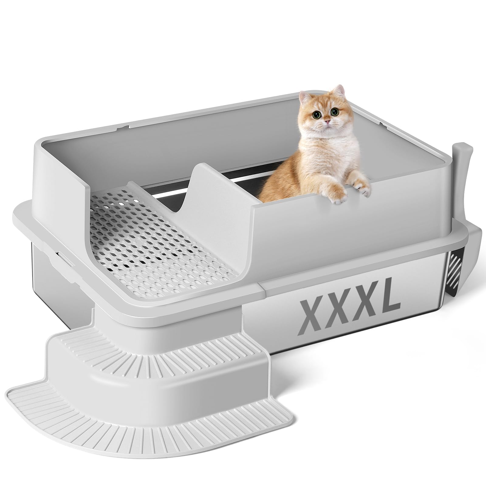 Bartuke Semi Enclosed Stainless Steel Cat Litter Box, High Sided Metal Litter Tray with Filtered Aisle, Step, Scoop, Non-Sticky, Non-Odor, Easy Cleaning (Light Gray)