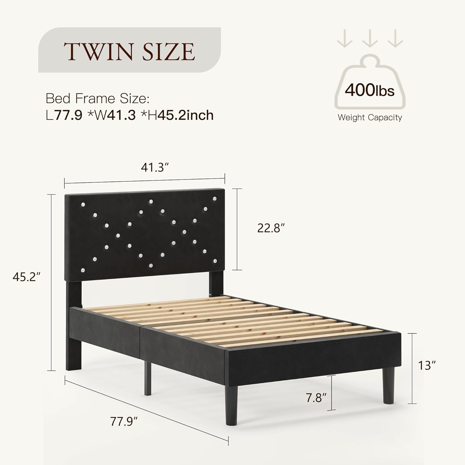 DlandHome Twin Bed Frame, Bed Frame Twin Size with Plush Velvet Headboard & Crystal Diamond Decor, Sturdy Wooden Slats Bed Foundation, Noise-Free Platform Bed, No Box Spring Needed