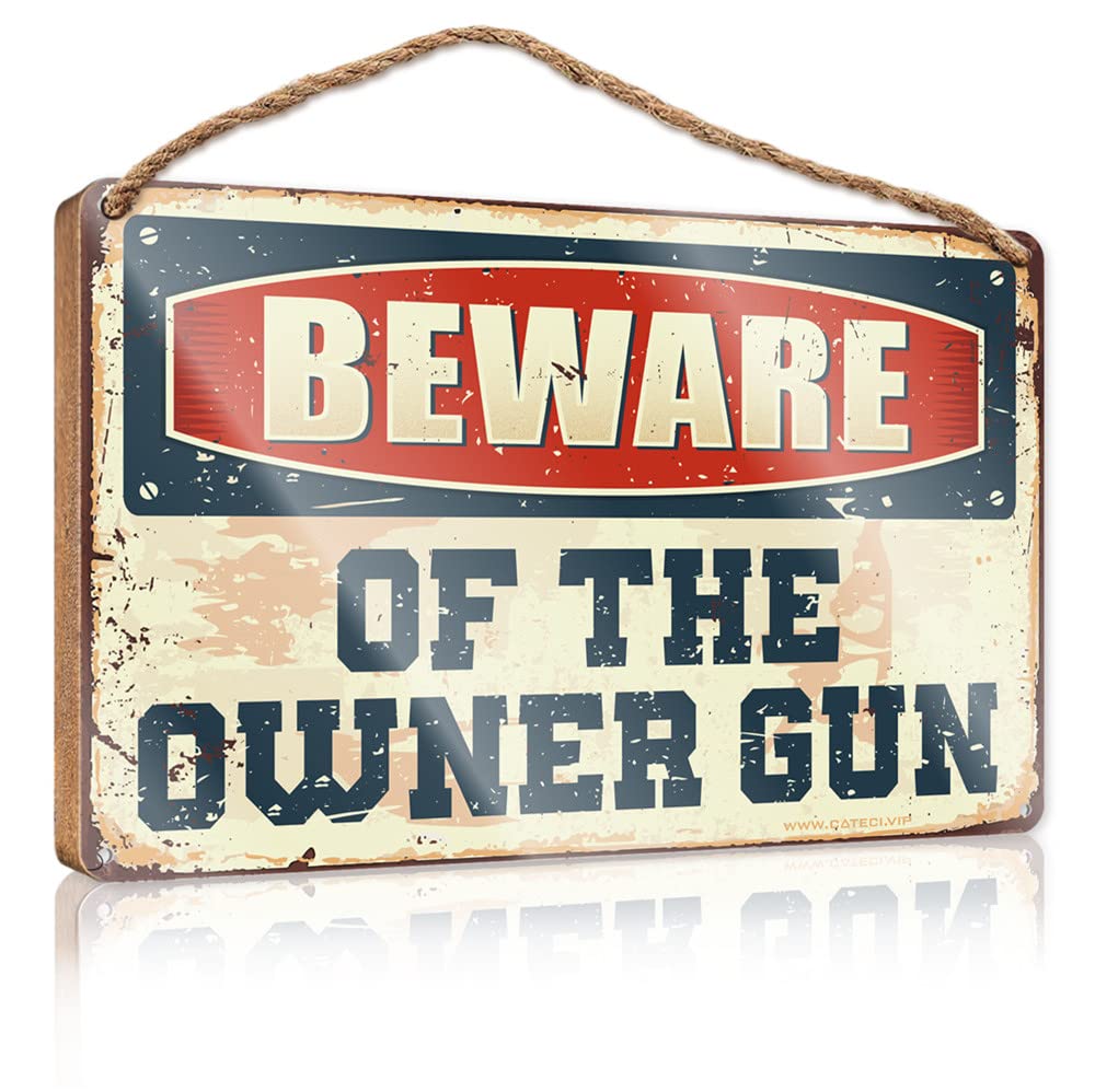 Yyhleh Boys One Color Hanging Plaque Sign Funny Bathroom Wooden Hanging Beware Of The Owner Gun Wooden Sign(20X30cm)